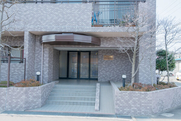 茶色のファサードが街並みに映える高級感を感じるエントランスアプローチ。