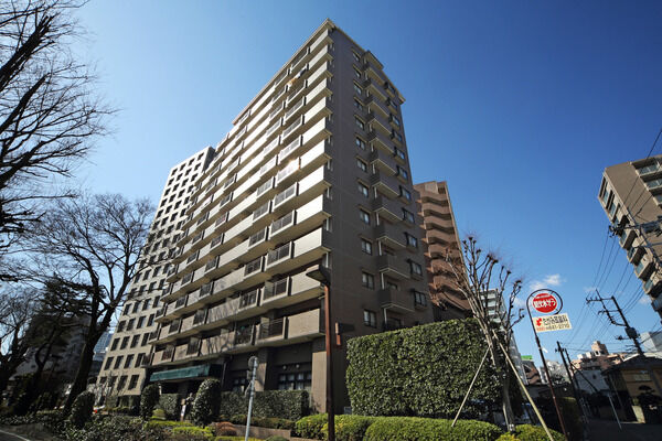 【大宮大門パークホームズ】外壁は味わい深いブラウン系タイルの乱貼りで木の幹を表現。
