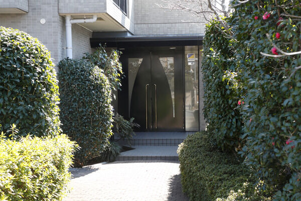 アプローチを抜けると緑に囲まれたエントランスが登場。		