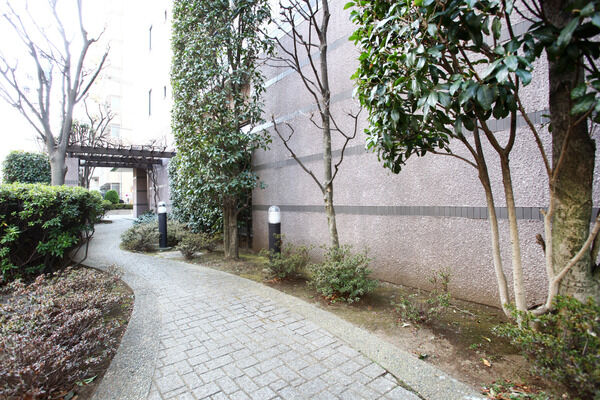 エントランスのポーチ脇にはパーゴラと植栽で暖かみのある印象。		