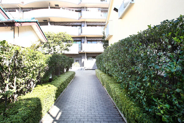 道路からエントランスへ続くアプローチ。植栽が豊かに植えられています。