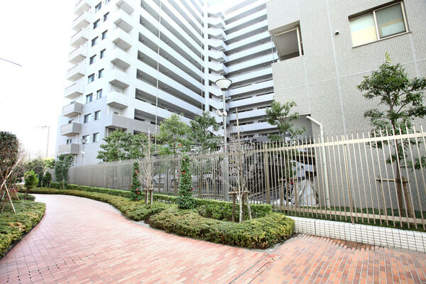 遊歩道から建物北側を望む。遊歩道にも木々が植えられ季節を感じさせてくれます。		