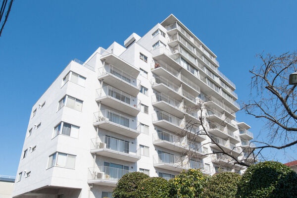 【目白パークマンション】シンプルながら高級感が漂う白亜の建物。		