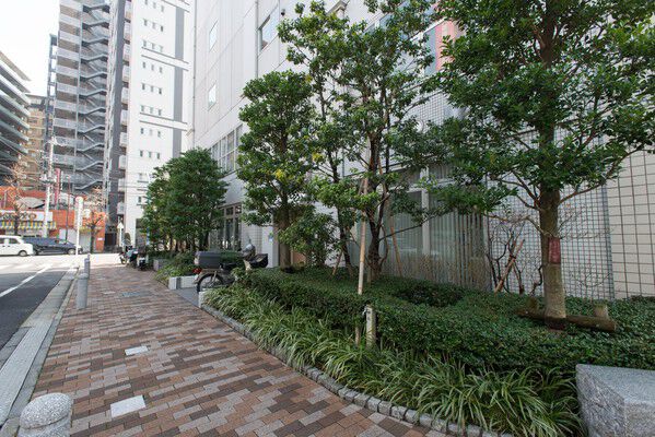 敷地を囲むように設けた緑地帯。豊かな緑が住まう人と街へ安らぎを与えます。		 敷地を囲むように設けた緑地帯。豊かな緑が住まう人と街へ安らぎを与えます。