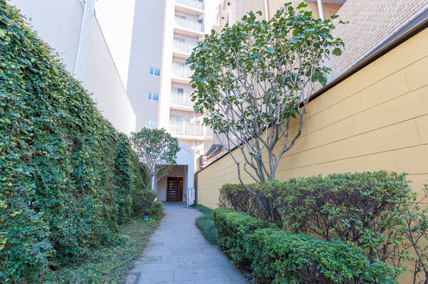 天然石を敷き詰めた緑豊かなエントランスアプローチ。		