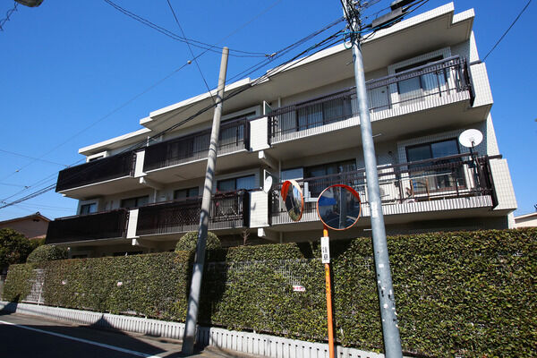 【学芸大学パークホームズ】建物を囲むように植え込まれた植栽が白い壁面に映える。