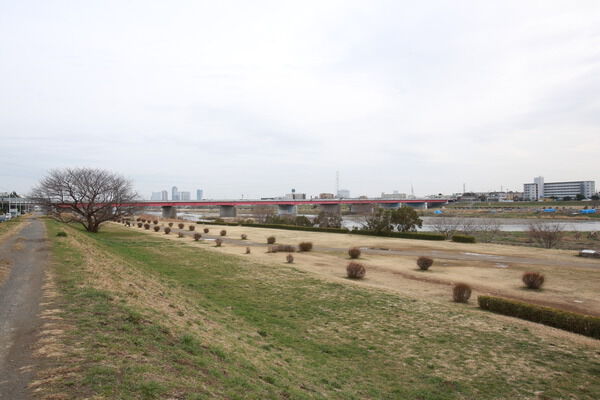 「多摩川河川敷」ではスポーツやウォーキングを楽しめます。		