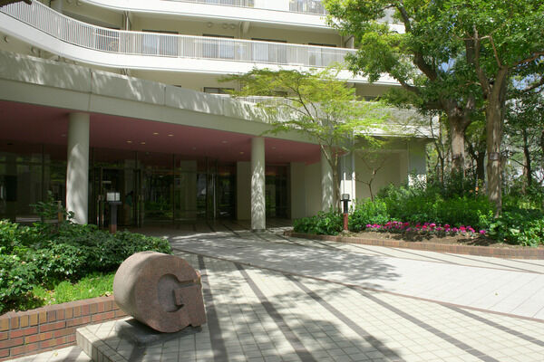 植栽の緑とタイル張りの歩道が、訪れる人を導くエントランスアプローチ。