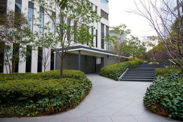 豊かな植栽が外壁の白に鮮烈に映えるアプローチ。