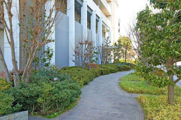 敷地を包み込むように散歩道と植栽を配し、都心に安らぎを提供。		