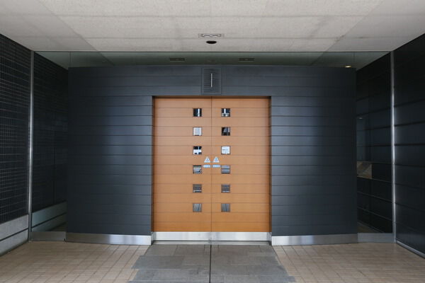 モノトーンに木調のドアが印象的なエントランス。		