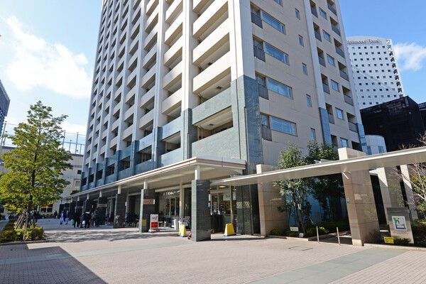 自然石の連なる柱が格調高い、「武蔵小杉」駅へと繋がるショップスペース。		