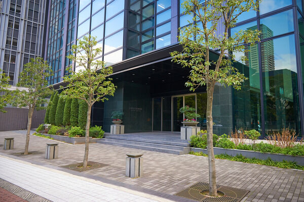 タワーの足元には緑地や並木が美しく連なり、都心にゆとりのアプローチを確保。		