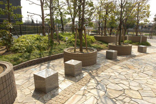 たくさんの緑に囲まれながら、休憩できるベンチも。		