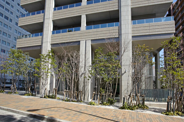 陰影を強調した表情豊かなファサードを植栽の緑が鮮やかに彩る。		 陰影を強調した表情豊かなファサードを植栽の緑が鮮やかに彩る。